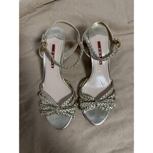 Prada Shoes Womens Size 6 Silver Wedge Sandals Braided Cork Ankle Strap 5V706